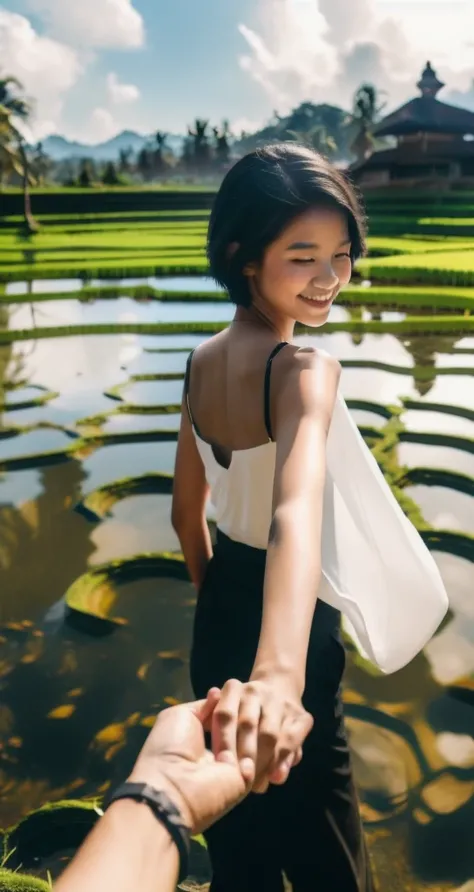 bf_holding_hands,  walking into rice fields in bali, rainbow, 
detailed,8k, detailed shadow, 1girl, Omertosa, short hair, black hair, white transparant tank top, jewelry ,(masterpiece,best quality),
