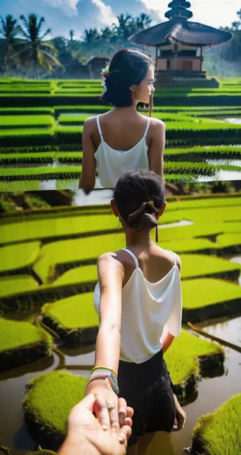 bf_holding_hands,  walking into rice fields in bali, rainbow, 
detailed,8k, detailed shadow, 1girl, Omertosa, short hair, black hair, white transparant tank top, jewelry ,(masterpiece,best quality),
