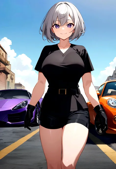 anime　anime　whole　Semi-short hair　Short Bob　Gray Hair　woman　Big Breasts　Gray Hair　Shorts　Black V-neck T-shirt　　anime 　whole body　　anime　whole body　smile　３３age　whole　anime画像　Black gloves　cool　　anime　黒いShorts　　Big Breasts　anime　　anime　field　Black V-neck T-sh...