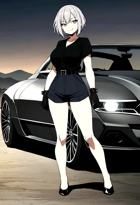 anime　anime　whole　Semi-short hair　Short Bob　Gray Hair　woman　Big Breasts　Gray Hair　Shorts　Black V-neck T-shirt　　anime 　whole body　　anime　whole body　smile　３３age　whole　anime画像　Black gloves　cool　　anime　黒いShorts　　Big Breasts　anime　　anime　field　Black V-neck T-sh...