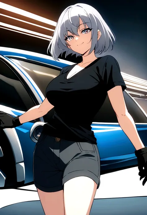 anime　anime　whole　Semi-short hair　Short Bob　Gray Hair　woman　Big Breasts　Gray Hair　Shorts　Black V-neck T-shirt　　anime 　whole body　　anime　whole body　smile　３３age　whole　anime画像　Black gloves　cool　　anime　黒いShorts　　Big Breasts　anime　　anime　field　Black V-neck T-sh...