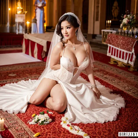 Girl with huge breasts in a provocative wedding dress at the altar 