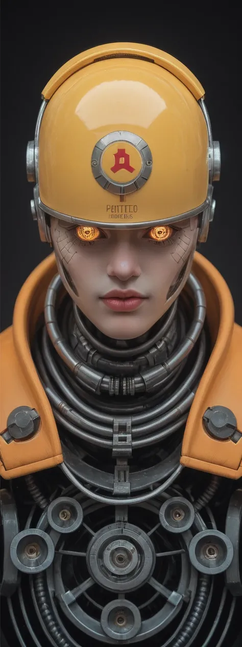 realistic,score_9, score_8_up, score_7_up, 
robotic figure, prominent yellow helmet, weathered, rusted, large circular eyes, glowing, enigmatic, haunting, patchwork body, mechanical parts, gears, tubes, aged metals, corroded materials