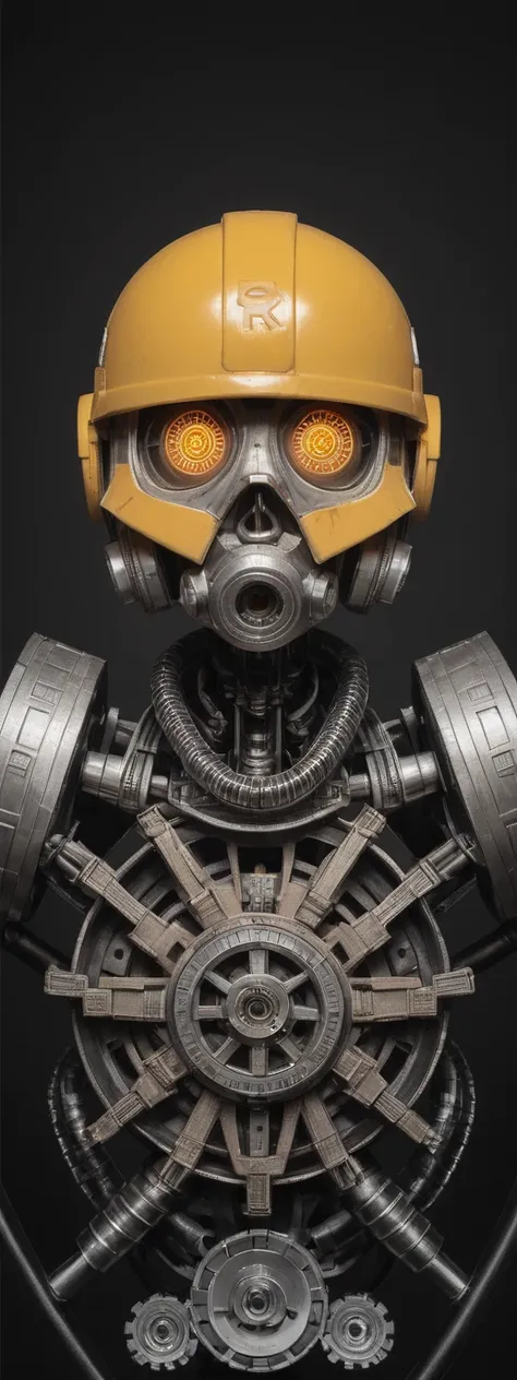 realistic,score_9, score_8_up, score_7_up, 
robotic figure, prominent yellow helmet, weathered, rusted, large circular eyes, glowing, enigmatic, haunting, patchwork body, mechanical parts, gears, tubes, aged metals, corroded materials