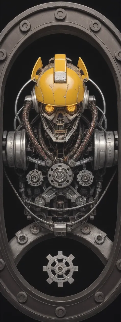 realistic,score_9, score_8_up, score_7_up, 
robotic figure, prominent yellow helmet, weathered, rusted, large circular eyes, glowing, enigmatic, haunting, patchwork body, mechanical parts, gears, tubes, aged metals, corroded materials