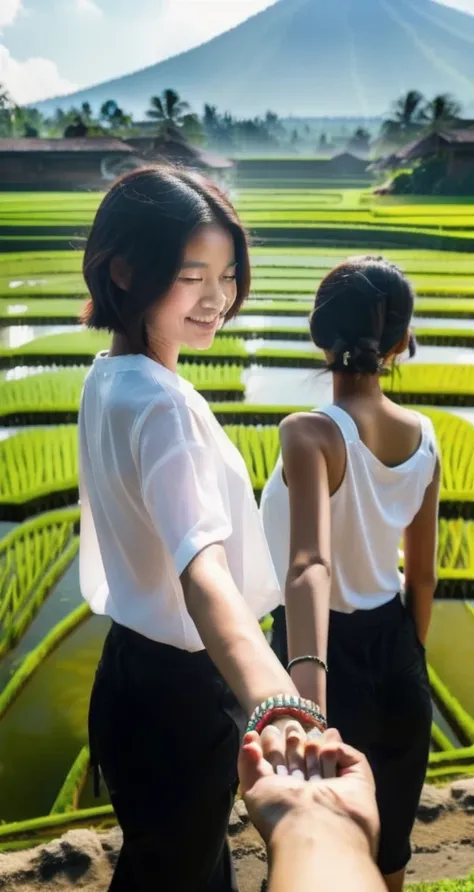 bf_holding_hands,  walking to rice fields in bali, rainbow, 
detailed,8k, detailed shadow, 1botomless girl, Omertosa, short hair, black hair, white transparant shirt, jewelry ,(masterpiece,best quality),
