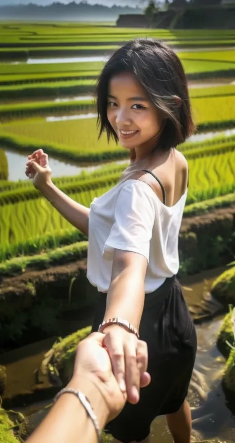 bf_holding_hands,  walking to rice fields in bali, rainbow, 
detailed,8k, detailed shadow, 1botomless girl, Omertosa, short hair, black hair, white transparant shirt, jewelry ,(masterpiece,best quality),
