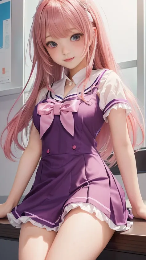 女の子 in a purple dress sitting on a desk, Ruffled mini skirt, high , I also make fan art, Slender body line, 女の子 with long hair, Cute girl anime visuals, Beautiful school girl, Brown Hair, Anime Moe Art Style, Young girl, (beautiful girl, 15 years old, Baby...