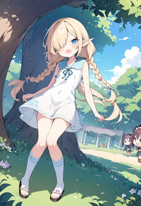 BREAK Perfect Anatomy、(High resolution:1.2)、Incredible illustrations、(Cute illustrations:1.2)、（Beautiful background（bushes in the park)) 1little girl((multicolored hair,hair over one eye, twin braids,blue eyes,fang)1girl((a girl,elf 1.5meters, 25kg,18 year...