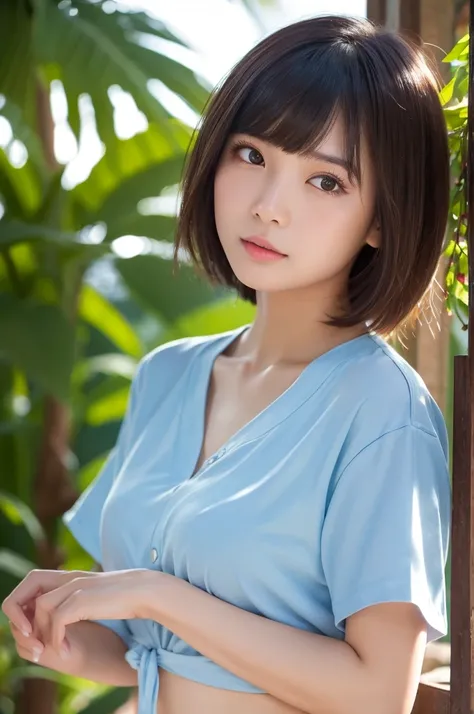 best quality , masterpiece , perfect face , young girl , bob short hair , taiwanese and vietnamese half beauty , shy face , resort scene , summer sexy shirt , fruits and flowers , blunt bangs