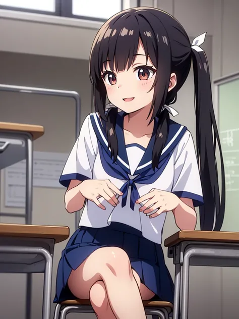 1girl, sitting, own hands together on front, smile, (close mouth),15yo, movement,
classroom, indoors, school chair, school desk, (low twintails girl), low pigtails, hair ribbon  white, very long black hair,
white serafuku with blue ribbon, navy-blue collar...