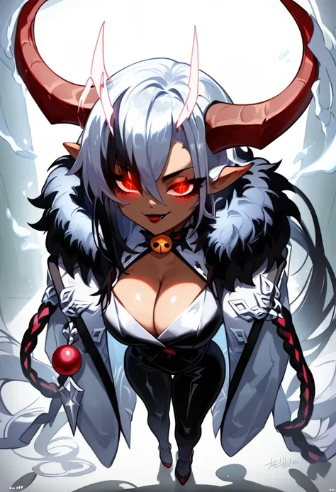 copper skin, shiny skin, black hair, hair bobbles, longeyelashes, cat eyes, slit pupils, cat pupils, light smile, black ram horns, large horns, ram horns, black horns, fang, accurate, long dark hair, long hair, very long hair, black hair, dark purple hair,...