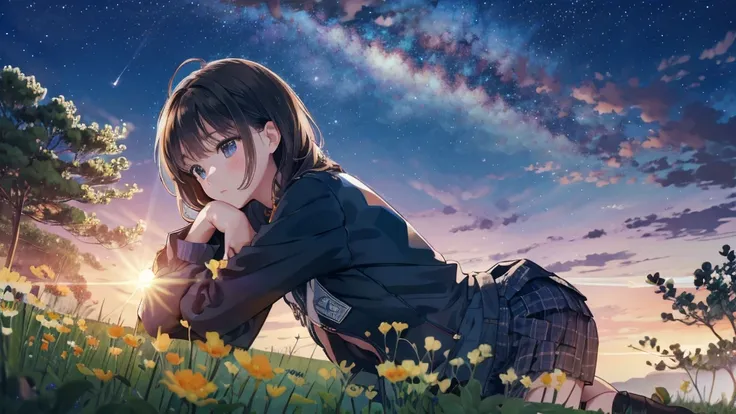 In the quiet of the night, a young girl sits on lush grass, her eyes fixed on the boundless starry sky. The stars twinkle faintly, illuminating her determined and clear gaze. In this tranquil moment, her heart is filled with longing and courage for the fut...