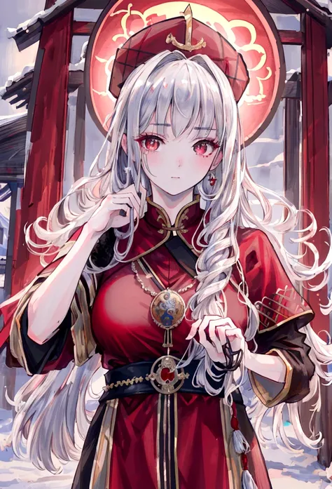 (best quality,4k,8k,highres,masterpiece:1.2), ultra-detailed, (deformed, photorealistic, photo-realistic:1.3), Female, 30, Mongolian, aristocrat, wearing red hat in medieval fantasy style, thin silver hair, blank expression, cold eyes, night meadow in back...