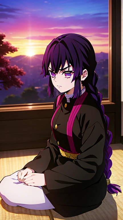 demon slayer anime style,  Kotouji Agamaki, 1 girl 22 years old, serious and calm with gold eyes and pronounced eyebrows, Long straight braided hair surrounding your hair, dark purple hair with the most striking violet tips and two side sideburns of hair a...