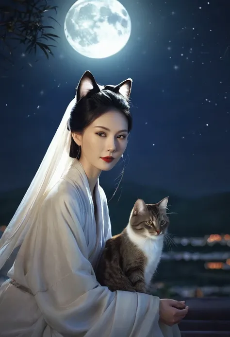 Apparition ，Girl, Cat ear, Beautiful oriental woman, Moonlit Night Background , Realistic Women, lovely
