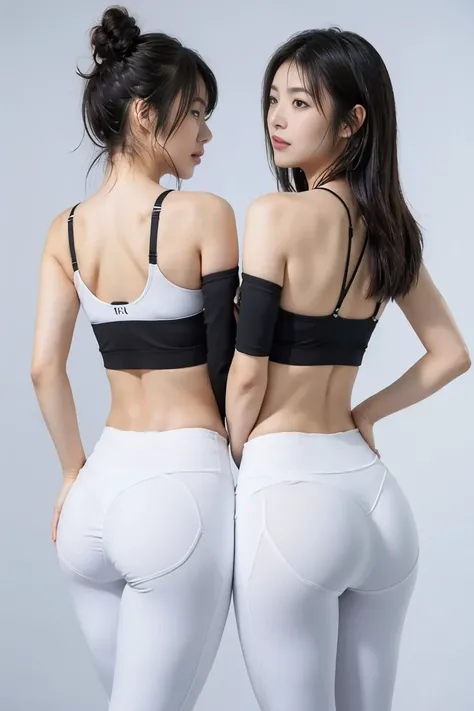 (1 from the back.5) ((Rear View)) Japanese women "Place both hands on the ground, push your hips up, and straighten your back.",black sport leggings,White piping leggings,bra,