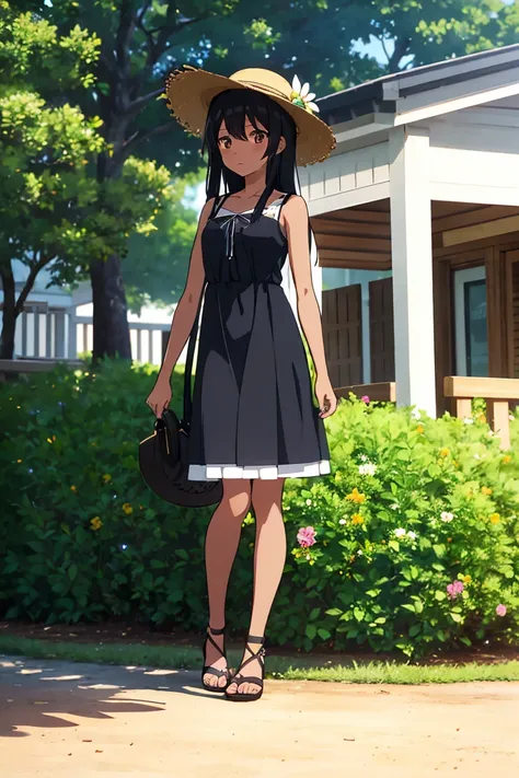 Anime girl, long black hair, cute girl, flower pattern light blue summer dress, straw hat, sandals, ebony skin, whole body, standing pose, park photography 