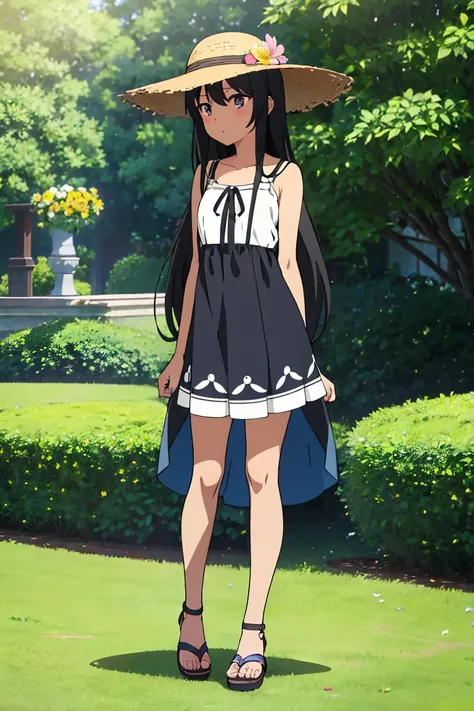 Anime girl, long black hair, cute girl, flower pattern light blue summer dress, straw hat, sandals, ebony skin, whole body, standing pose, park photography 