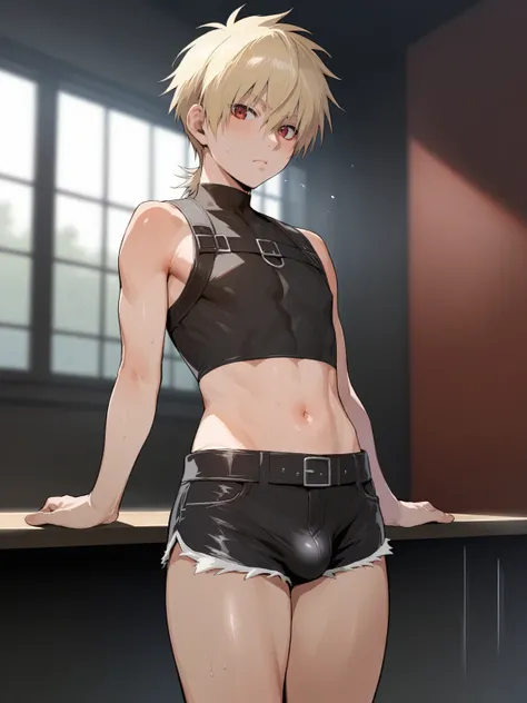 score_9, score_8_up, source_anime, standing, hellsing, seras, femboy, twink, shorts, otoko no, crop top, indoors, ikuchan