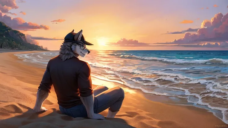 A gray werewolf，Wearing glasses，Black cap，Beach，Soft Light，Solitary，Upper Body