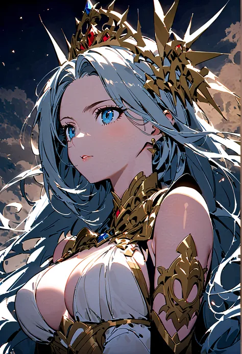 （only one person），Dark sky，((Winter))，dark clouds，Ice Crown，goddess，(Short flowing hair)，Sexy，noble，grace