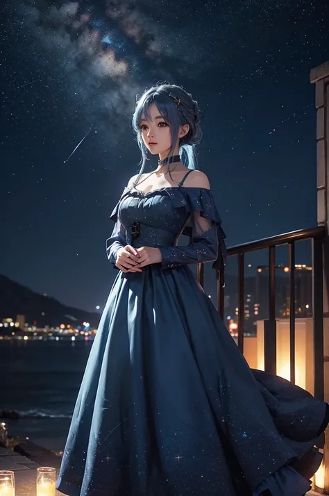 Blue haired girl character、Night scene with starry sky background、Wearing a gorgeous dress、Subtle details、A fantastic atmosphere、Anime style