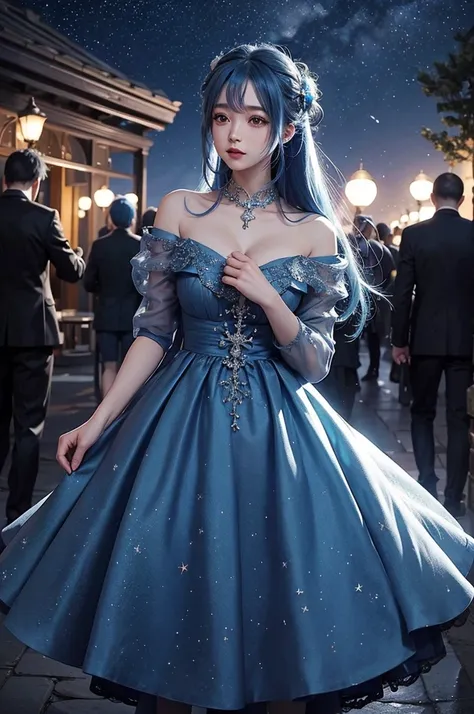 Blue haired girl character、Night scene with starry sky background、Wearing a gorgeous dress、Subtle details、A fantastic atmosphere、Anime style