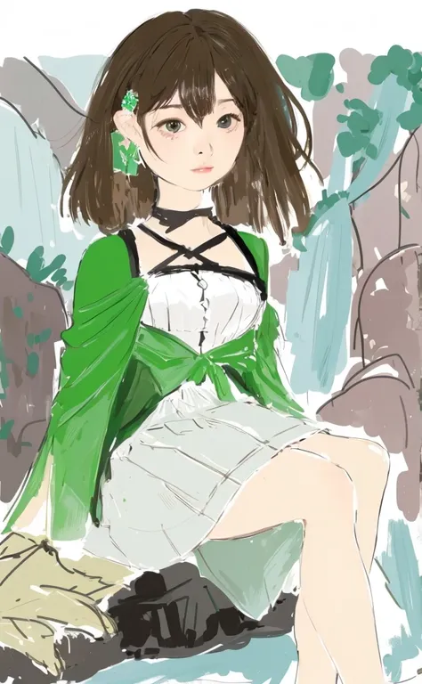 masterpiece、high quality、One Girl、Green and dark green clothes、White Skirt、shoes、Long brown hair、Sitting、Forest background