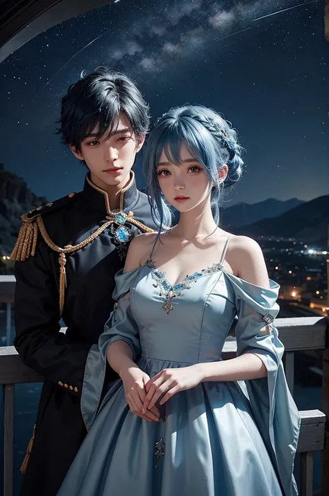 Blue haired girl character、Night scene with starry sky background、Wearing a gorgeous dress、Subtle details、A fantastic atmosphere、Anime style