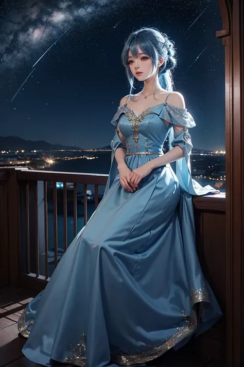 Blue haired girl character、Night scene with starry sky background、Wearing a gorgeous dress、Subtle details、A fantastic atmosphere、Anime style