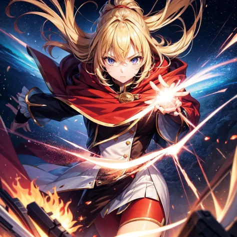 anime girl ( super hero outfit, hair blonde, Eyes red, red cloak ), several rays of power surrounding his body, cenario ( Starry sky, Sunset ) 