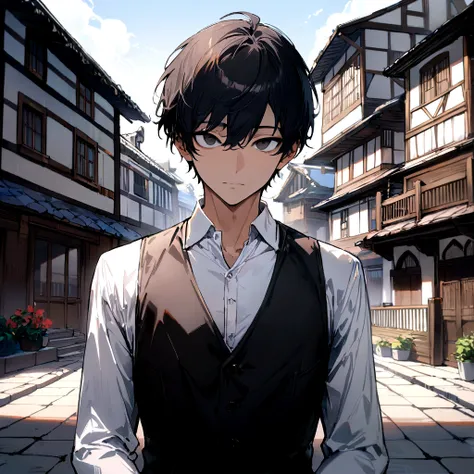 1 boy, black hair, short hair, detailed hair, black eyes, detailed eyes, looking at viewer, standing, black vest, white dress shirt, long sleeves, no smile, tradicional house background, solo, ((( ultra detailed))), (((best quality))), ((masterpiece))