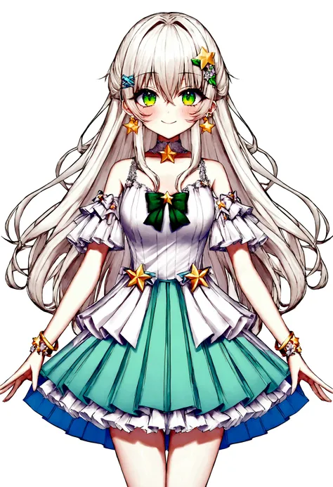 (vtubermodel:1.2) fullbody, 1girl, with straight hair color rgb(217, 210, 210) with a faint blue sheen at the tips and green blue eyes, smiling, (white sleeveless top with lace and a small bow:1), (light blue pleated skirt with star patterns and hints of R...