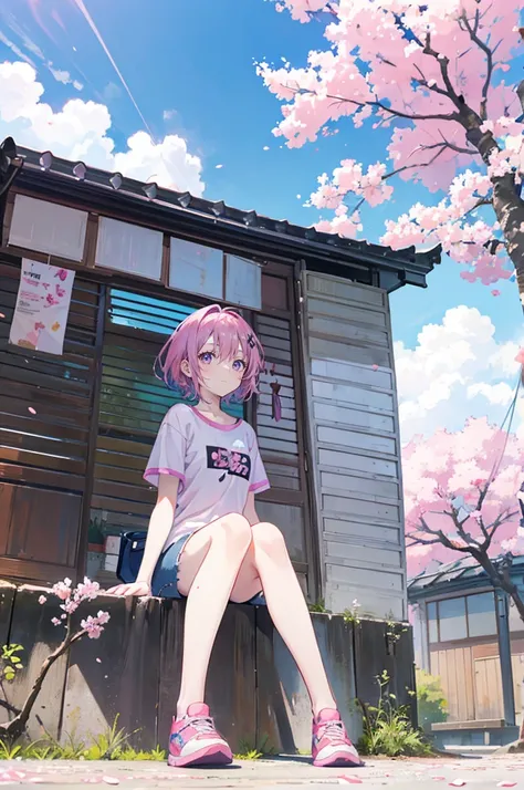 pink hair，purple eyes，short hair，sister head，Two black hairpins，girl，short sleeves，Denim shorts，full-body shot，whole body，Birds sit，sit on the floor，Lots of cherry blossom trees，Background blue sky and white clouds，Happy and happy expression