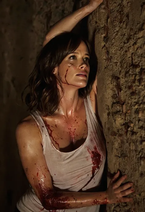 (dutch angle:1.6), (cowboy shot:1.4), (Short brunette hair), (beautiful female), ((Jennifer Garner:1.2),(Emma Stone:1), (blood on face from head wound:1.4),  ((Dynamic pose, leaning on wall for support)), trying desperately to  escape,  in a chilling scene...