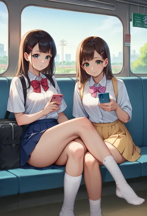 score_9, score_8_up, score_7_up, score_6_up, score_5_up, score_4_up, (source_anime), two girls sitting on a train with their luggage and looking at their cell phones, a hyperrealistic , two japanese schoolgirls posing, hyperrealistic , japanese , sitting i...