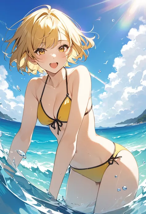 summer、Ocean、blue sky、Yellow Bikini、beautiful girl、sexy、Short Hair