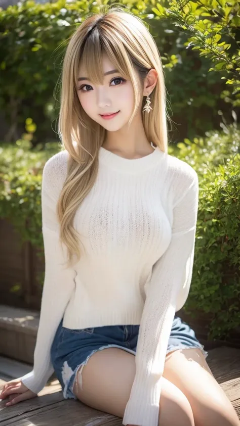 1 girl、((virgin killer sweater))、blue sky、明るくてとてもbeautiful顔、young, shiny white skin、best looks、blonde hair that reflects the lig...