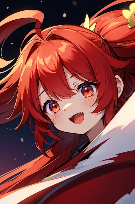 1girl in, {{{long red hair}}}、{{{red and gold eyes}}}、Ahoge、A smile, open open mouth,Clear face,​masterpiece, detailed shadow, Detailed light, ighly detailed, top-quality, hard disk, in 8K, hightquality、Clear face、snowy night