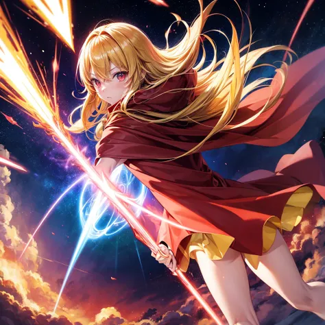 1 Anime Girl ( super hero outfit, hair blonde, Eyes red, red cloak ), several rays of power surrounding his body, flying, cenario ( space ) 