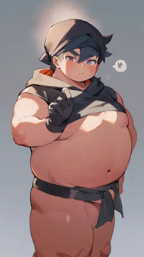 ((androgynous)), beautiful, (pudgy face), (thick),(ikemen), ((boyish)), (handsome), (chubby), belly, muscular, (beefy), ((Ninja)), (cool), ((Wearing a black hood)), (Only the eyes are visible through the hood), (The black bandana obscures his mouth)