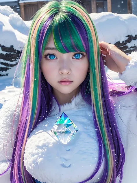 10-year-old girl、Baby Face、Classmate、whole body、(Fluffy fur clothes)、Small breasts、bangs、Long Hair、(Multicolored Hair、Purple and green hair、Crystal clear hair、Smooth Hair:1.5)、Place your hands behind your head.、The light illuminates my hair、Light Hair、Silk...