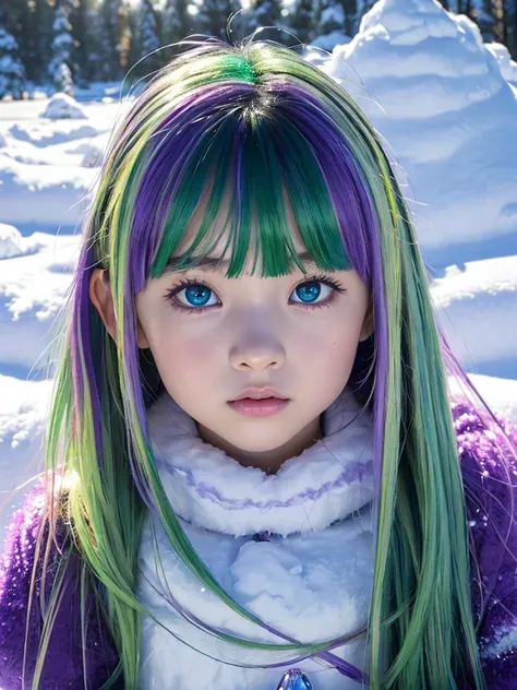 10-year-old girl、Baby Face、Classmate、whole body、(Fluffy fur clothes)、Small breasts、bangs、Long Hair、(Multicolored Hair、Purple and green hair、Crystal clear hair、Smooth Hair:1.5)、Place your hands behind your head.、The light illuminates my hair、Light Hair、Silk...