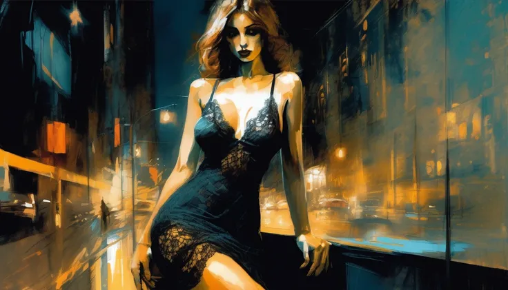 the sexy girl, night, lace dress image( art inspired by Bill Sienkiewicz, oil painting) beautiful slim thin figure, big breasts, seductive, Vulgar, erotic pose, sexy, heels, stockings, Beautiful lingerie, sexy pose, arched, city lights