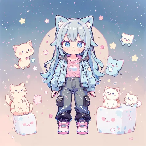 ((Highest quality，masterpiece，Extremely complex and exquisite details，A short girl with gray and blue cat ears and long hair is in the center，Gray blue super long straight hair，Curly hair at the ends，Sparse air bangs，Gray and pink T-shirt with xJ lettering...