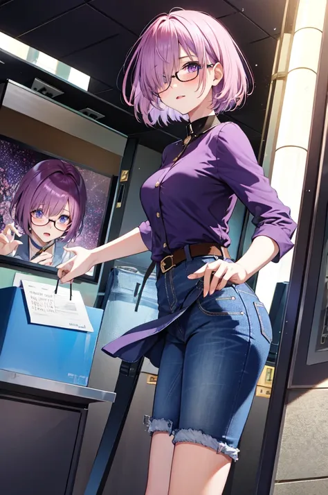 mash kyrielight,hair over one eye,  blush,  purple eyes, solo, 1girl, short hair, glasses, light purple hair, mini skirt, jeans