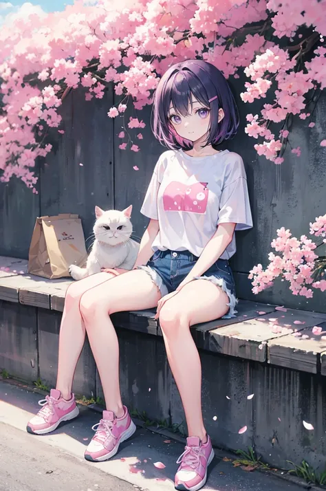 pink hair，purple eyes，short hair，sister head，Two black hairpins，girl，short sleeves，Denim shorts，full-body shot，whole body，Birds sit，sit on the floor，Lots of cherry blossom trees，Background blue sky and white clouds，Happy and happy expression