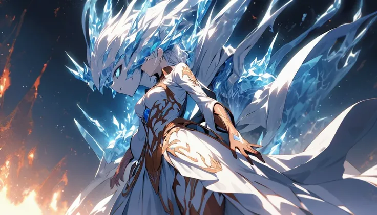 one female character, with a sadistic look, with the power of ice and fire,with a coat and detailed skirt,having two forms, below its humanoid form and above its transcendent form, in the setting being space.