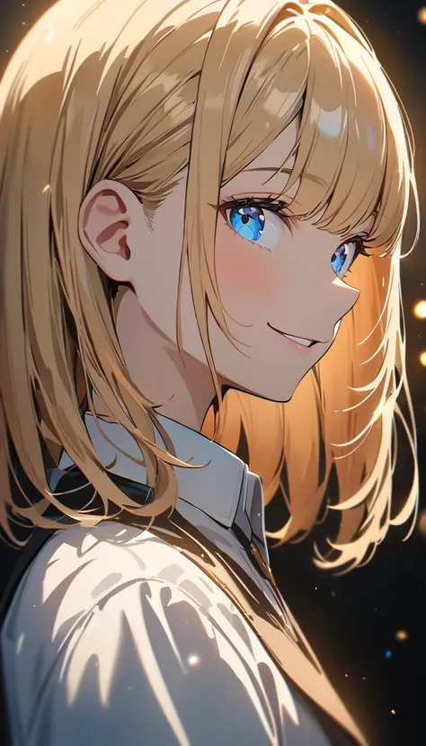 (((One Girl))), Blonde, Bobcut, (Upper Body), (View your viewers), chest, teenager, Tilt your head:1.3, (((blue eyes))), (From the side), ((Smile)), White shirt, blazer, Black Skirt, Anime Style, (Highest quality, 4K, 8K, High resolution, masterpiece:1.2, ...